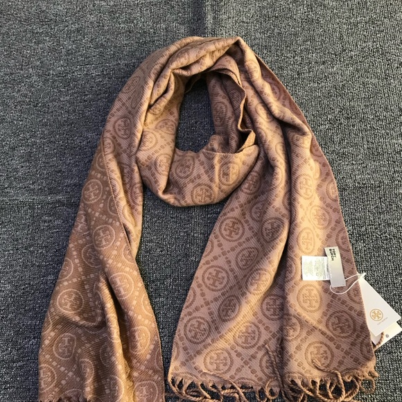 Tory Burch Tan Monogram Fringe Scarf - Picture 2 of 6